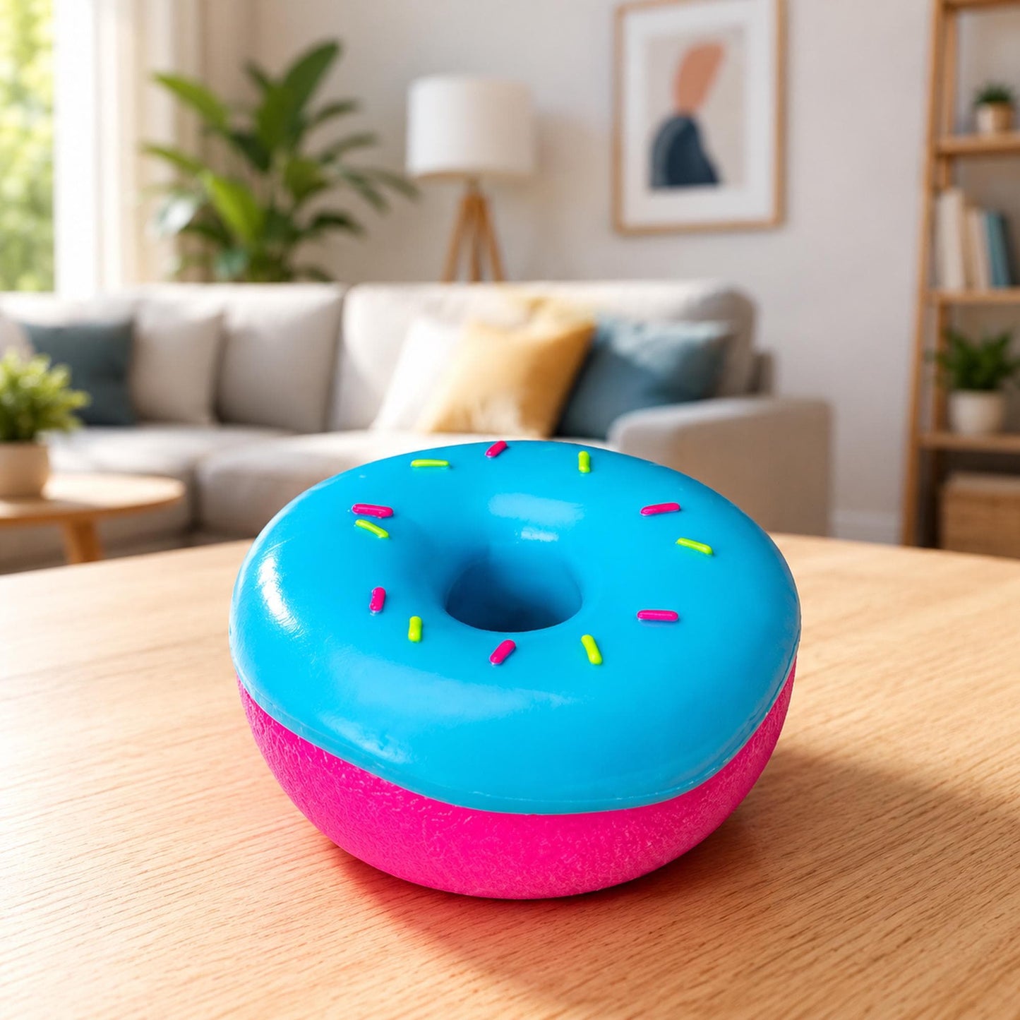 May include: A donut-shaped object with a bright blue top featuring small pink and yellow sprinkles and a textured, solid pink base. The object has a smooth, glossy finish on the blue upper section and a matte, granular texture on the pink bottom.