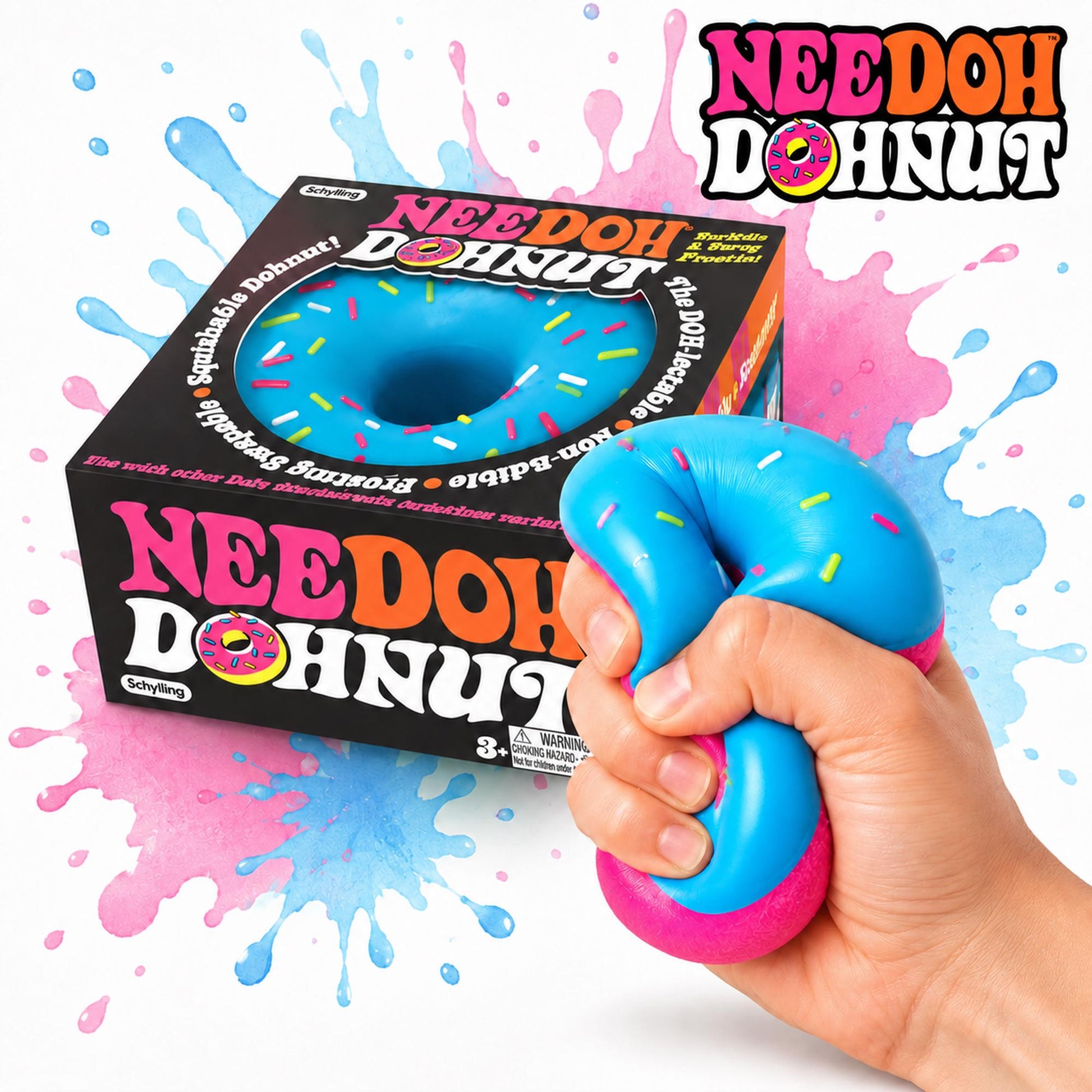 May include: A blue and pink squishy donut toy with colorful sprinkles, packaged in a black box labeled "NeeDoh Dohnut" with white and pink text. The toy is being squeezed, showing its flexible texture and bright colors against a white background.