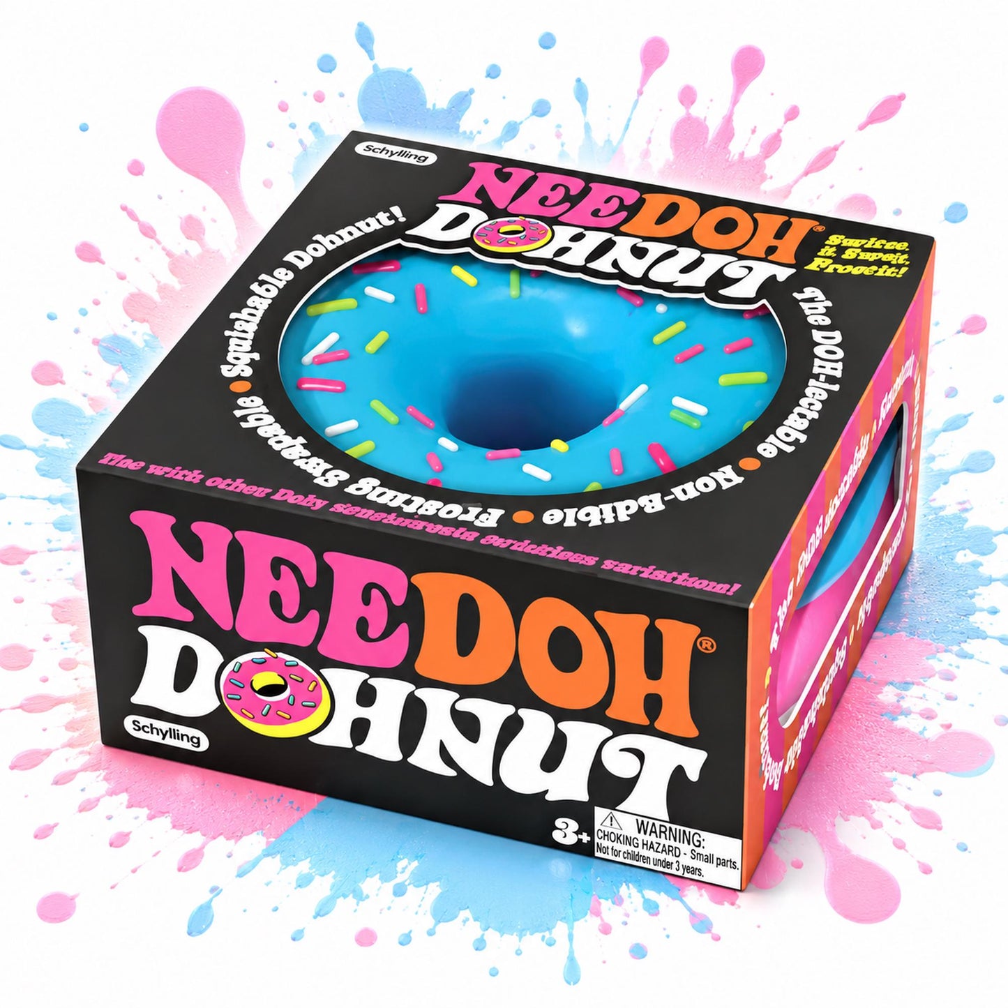 May include: A NeeDoh Dohnut toy in a black square box with pink and orange accents. The box features the text NeeDoh Dohnut and shows a blue donut with colorful sprinkles through a circular cutout. The packaging includes safety warnings.