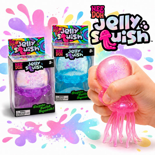 May include: Two Nee Doh Jelly Squish boxes featuring a purple and a blue jellyfish toy, alongside a pink translucent jellyfish toy with dangling tentacles being squeezed. The packaging displays the text Nee Doh Jelly Squish and Super Solid Squish.