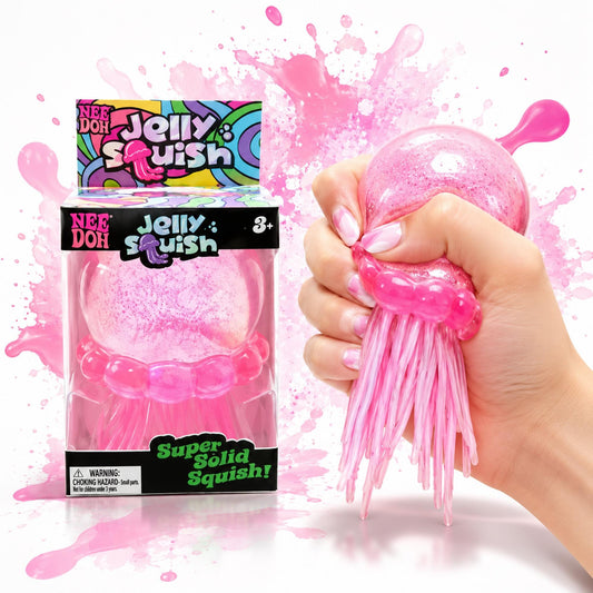 May include: A pink Nee Doh Jelly Squish toy shaped like a jellyfish with a glittery dome and dangling tentacles. The packaging features the text Nee Doh Jelly Squish and Super Solid Squish. The toy is shown being squeezed, demonstrating its texture.