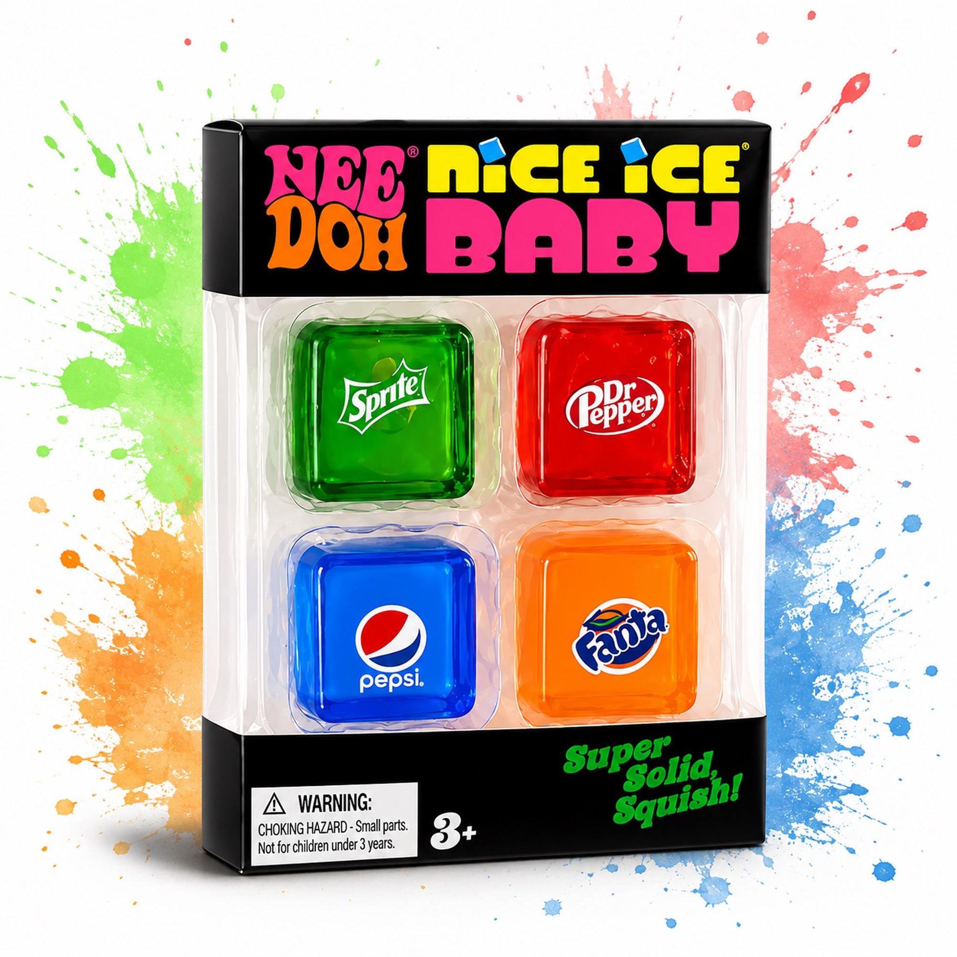 May include: A Nee Doh Nice Ice Baby toy set in a black box containing four translucent, square-shaped squishy cubes. The cubes are green with a Sprite logo, red with a Dr Pepper logo, blue with a Pepsi logo, and orange with a Fanta logo.