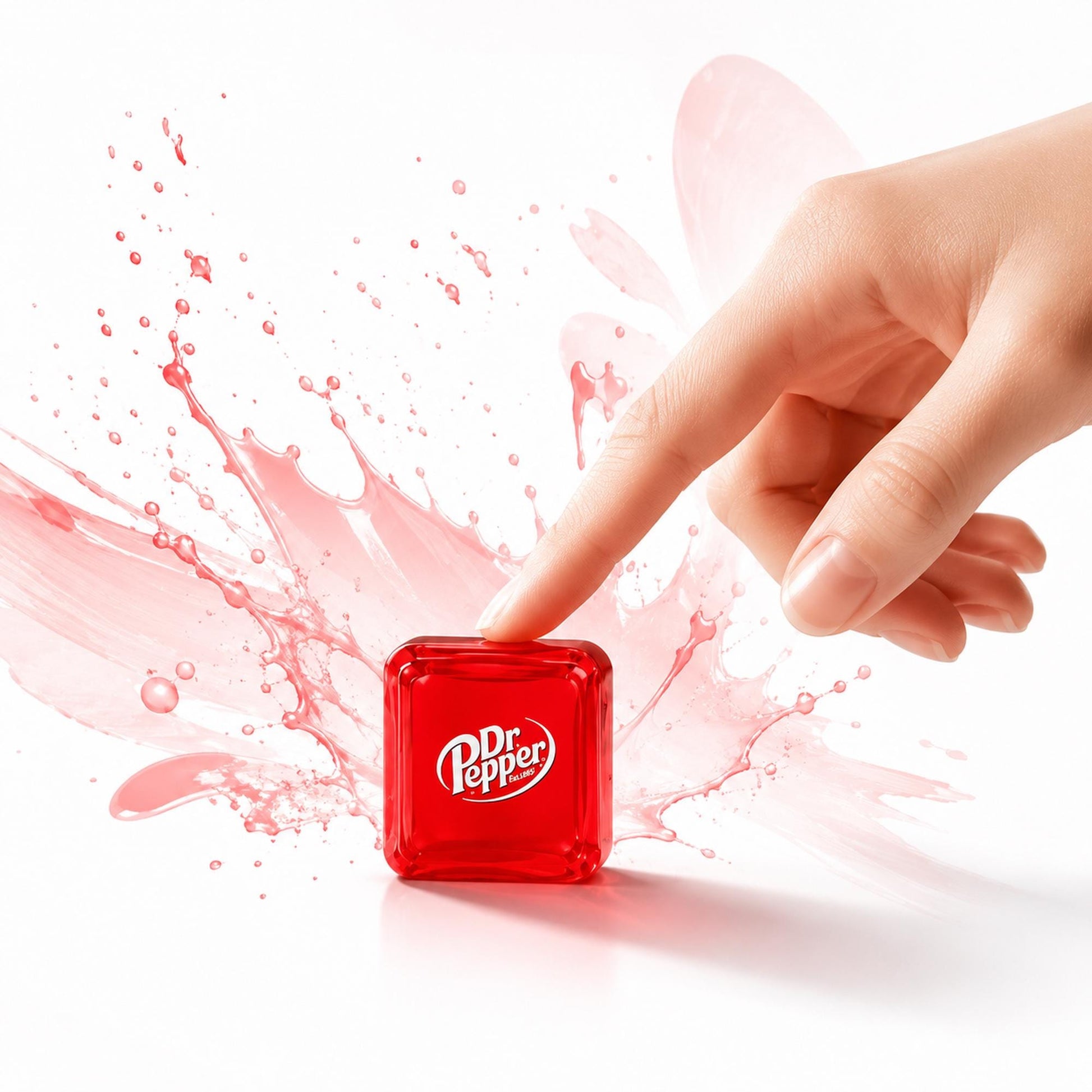 May include: A small, square, translucent red container featuring the white Dr. Pepper logo on its front face. The object is positioned against a dynamic, light pink liquid splash effect that radiates outward from behind the container.