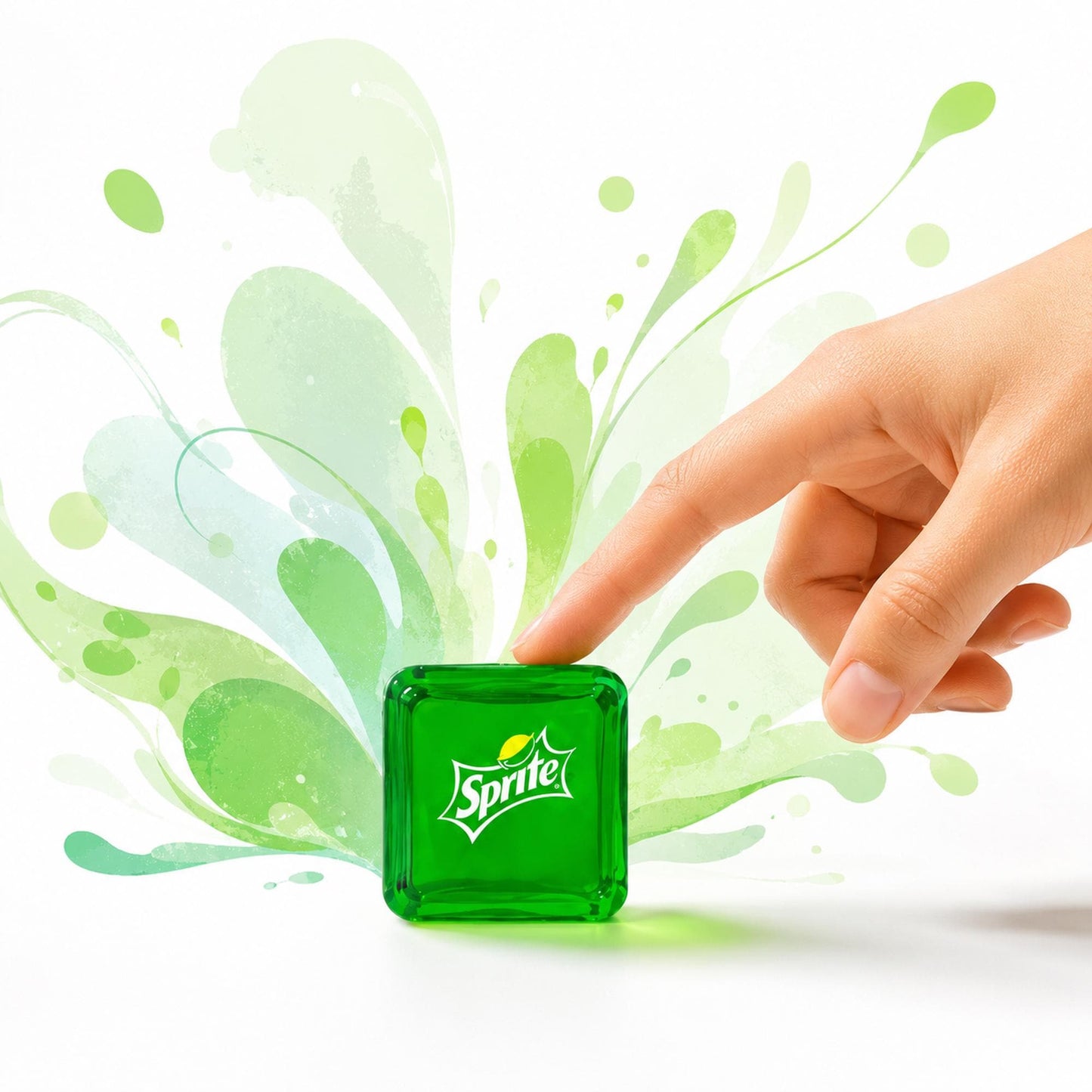 May include: A translucent green square cube featuring the white Sprite logo with a yellow lemon graphic. Behind the cube, there is a stylized illustration of light green and white liquid splashes radiating outward in a fan-like pattern.