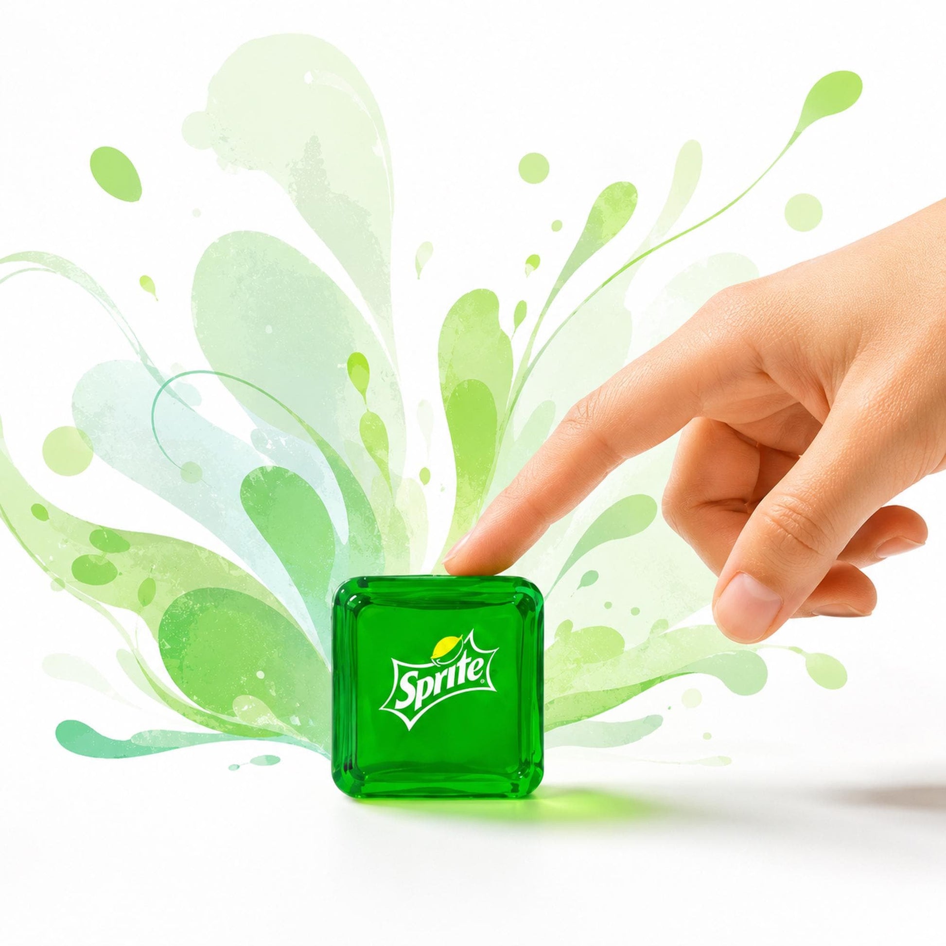 May include: A translucent green square cube featuring the white Sprite logo with a yellow lemon graphic. Behind the cube, there is a stylized illustration of light green and white liquid splashes radiating outward in a fan-like pattern.