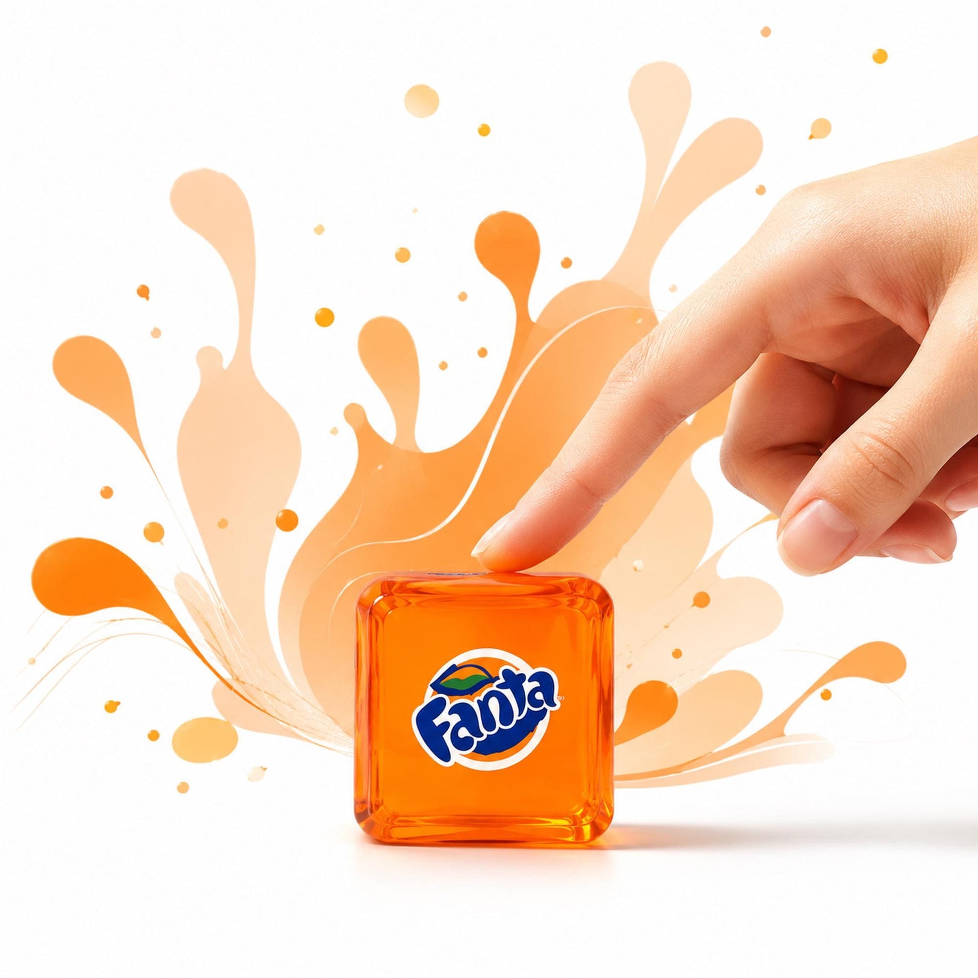 May include: A translucent orange square block featuring the Fanta logo in blue and white on the front face. Behind the block, there is a stylized graphic illustration of orange liquid splashing upwards in various shades of orange and peach.
