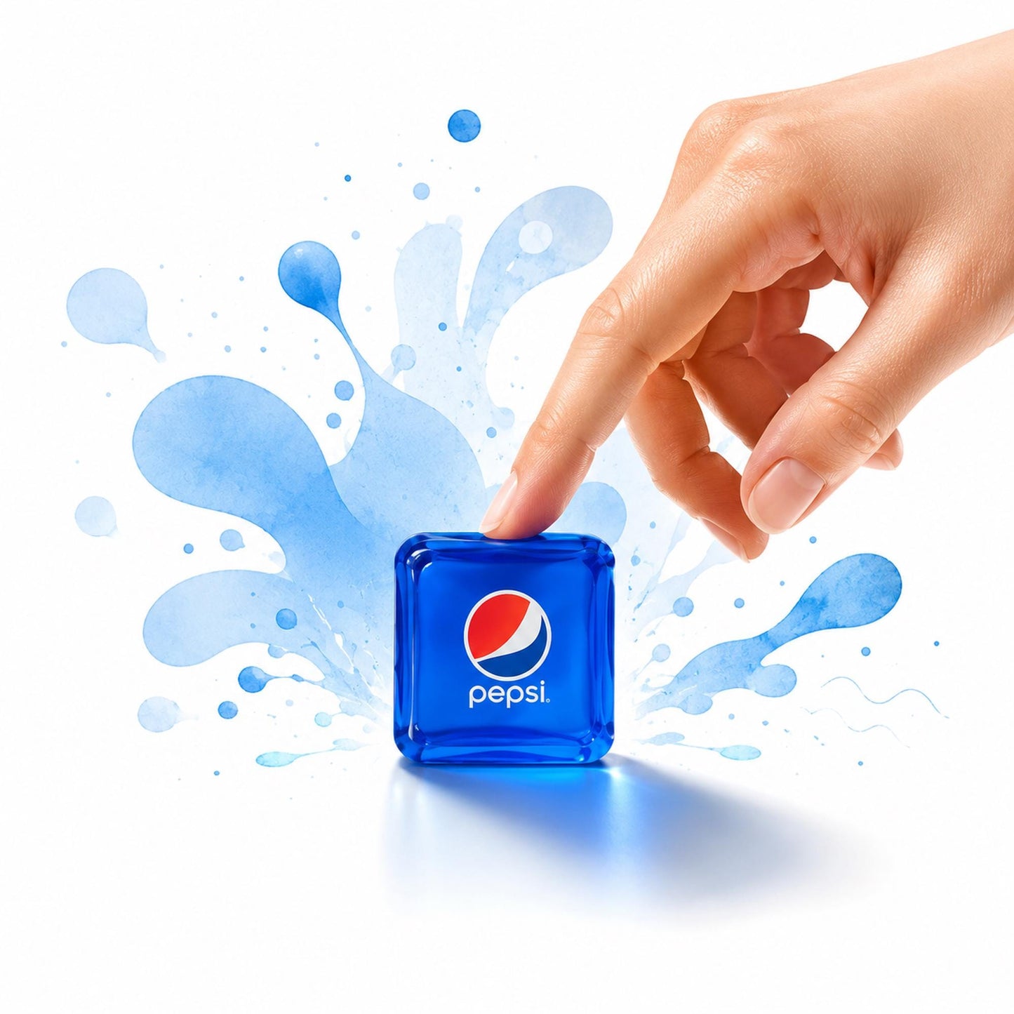 May include: A translucent blue square ice cube featuring the red, white, and blue Pepsi logo printed on the front. The cube is surrounded by a stylized blue watercolor splash effect, creating a refreshing visual representation of the brand.