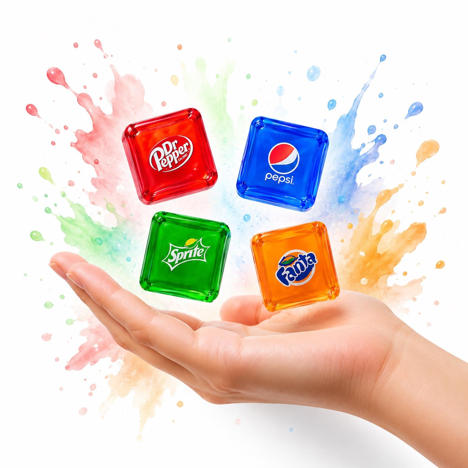 May include: Four translucent square ice cubes featuring the logos of Dr Pepper, Pepsi, Sprite, and Fanta. The red, blue, green, and orange cubes are arranged in a cluster above a palm, surrounded by a colorful, abstract liquid splash effect.