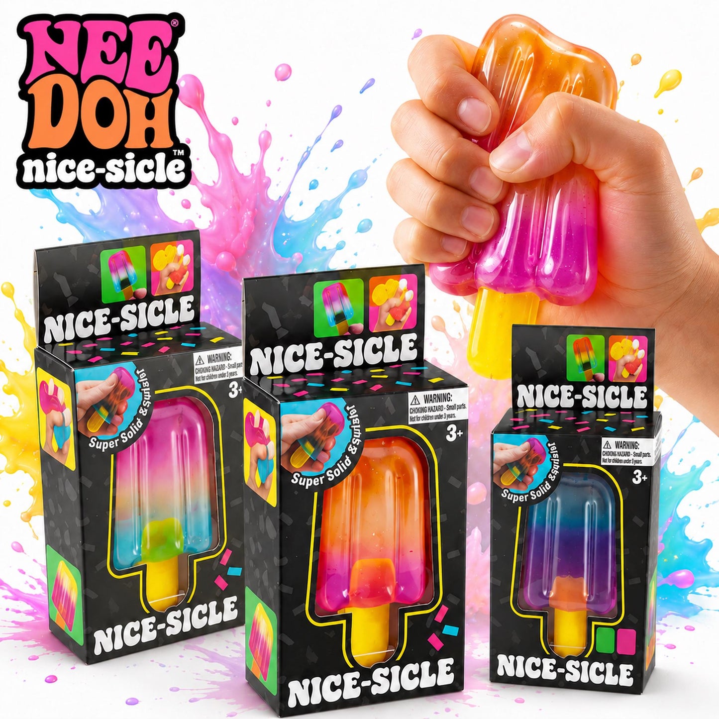 May include: Three black rectangular boxes labeled Nee Doh Nice-Sicle, each displaying a colorful popsicle-shaped squishy toy. The toys feature translucent, gradient-colored silicone bodies with yellow handles, shown being squeezed by a hand.