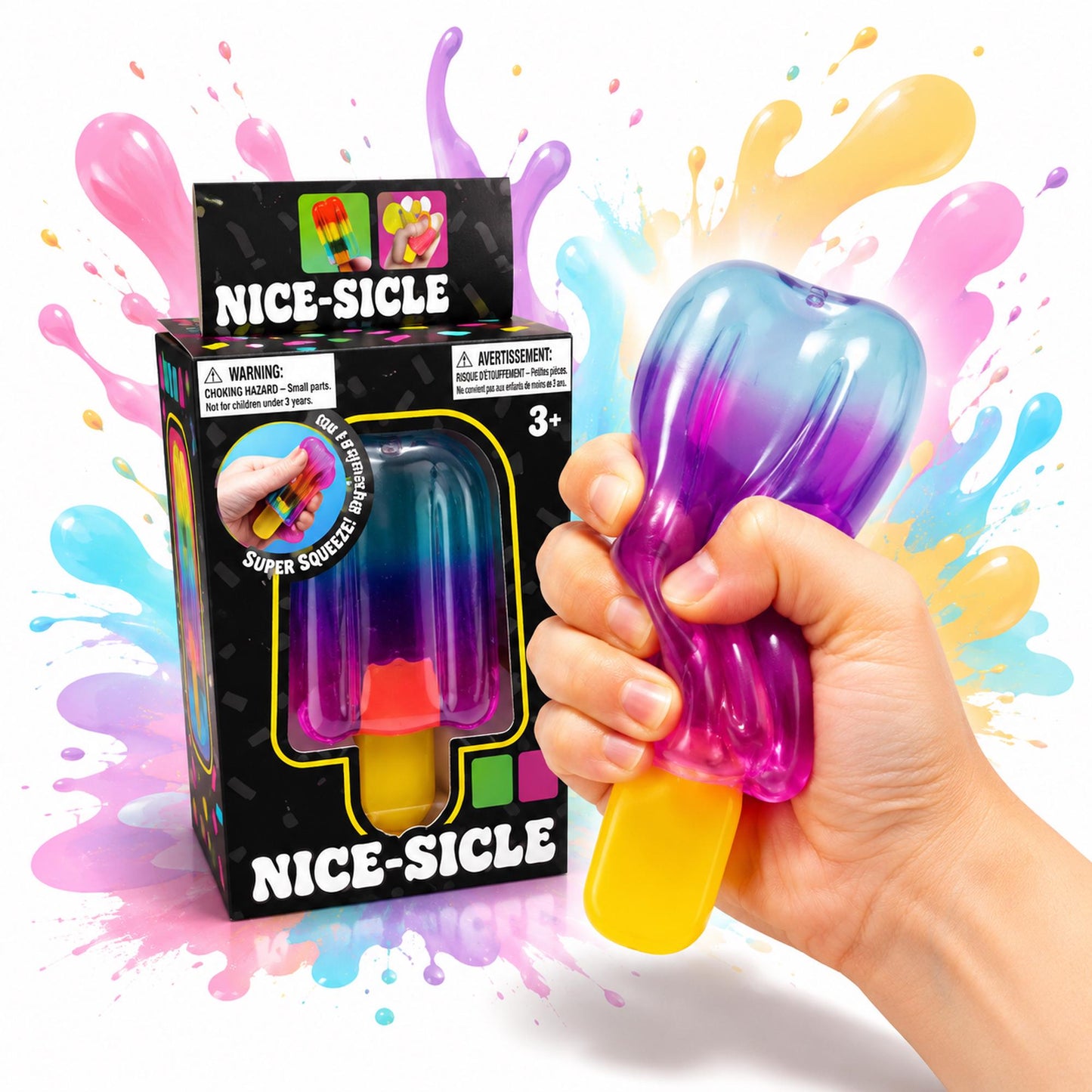 May include: A squeezable Nice-Sicle toy shaped like a popsicle with a gradient blue to purple translucent body and a solid yellow handle. The product is displayed next to its black retail box featuring the text Nice-Sicle and warning labels.