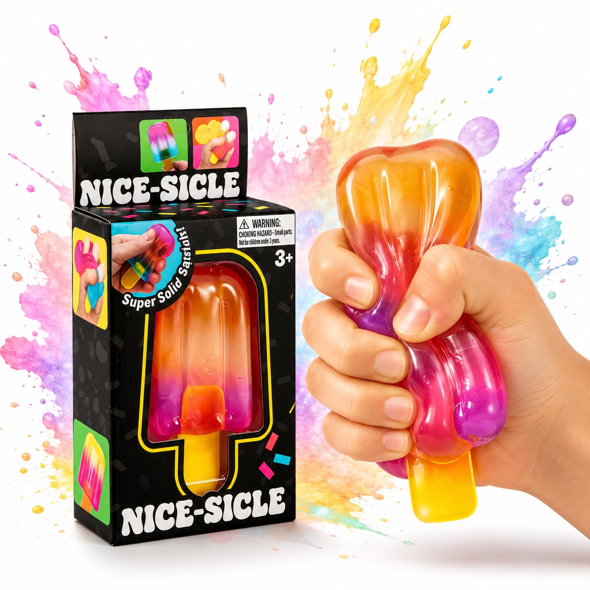 May include: A squishy, translucent popsicle-shaped toy with a gradient of orange, pink, and purple colors. The toy is packaged in a black box labeled NICE-SICLE with colorful confetti patterns and small product images on the front panel.