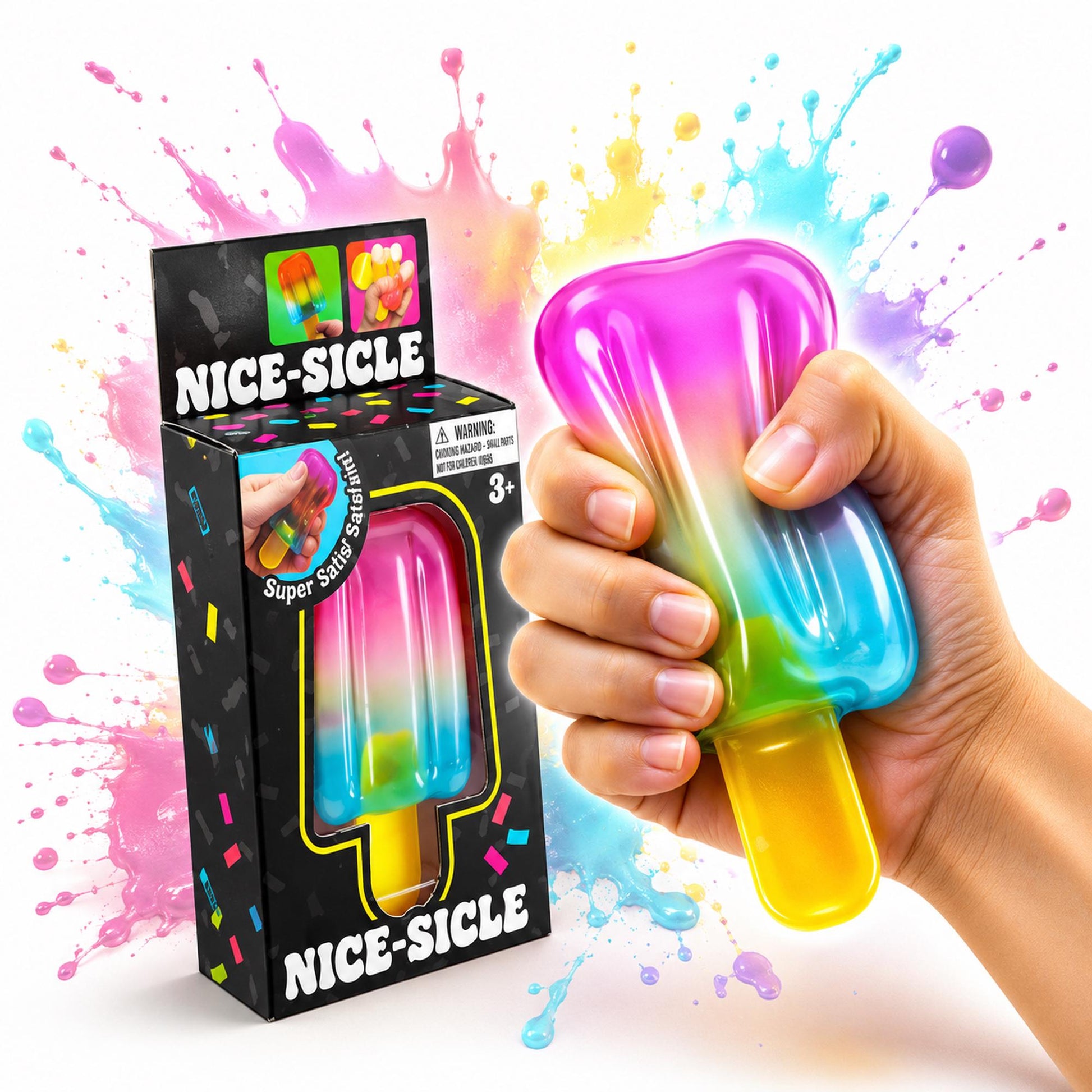 May include: A rainbow-colored popsicle-shaped squeeze toy with a yellow handle, packaged in a black box labeled NICE-SICLE with colorful confetti patterns. The toy features a gradient of pink, purple, blue, and green, designed for tactile play.