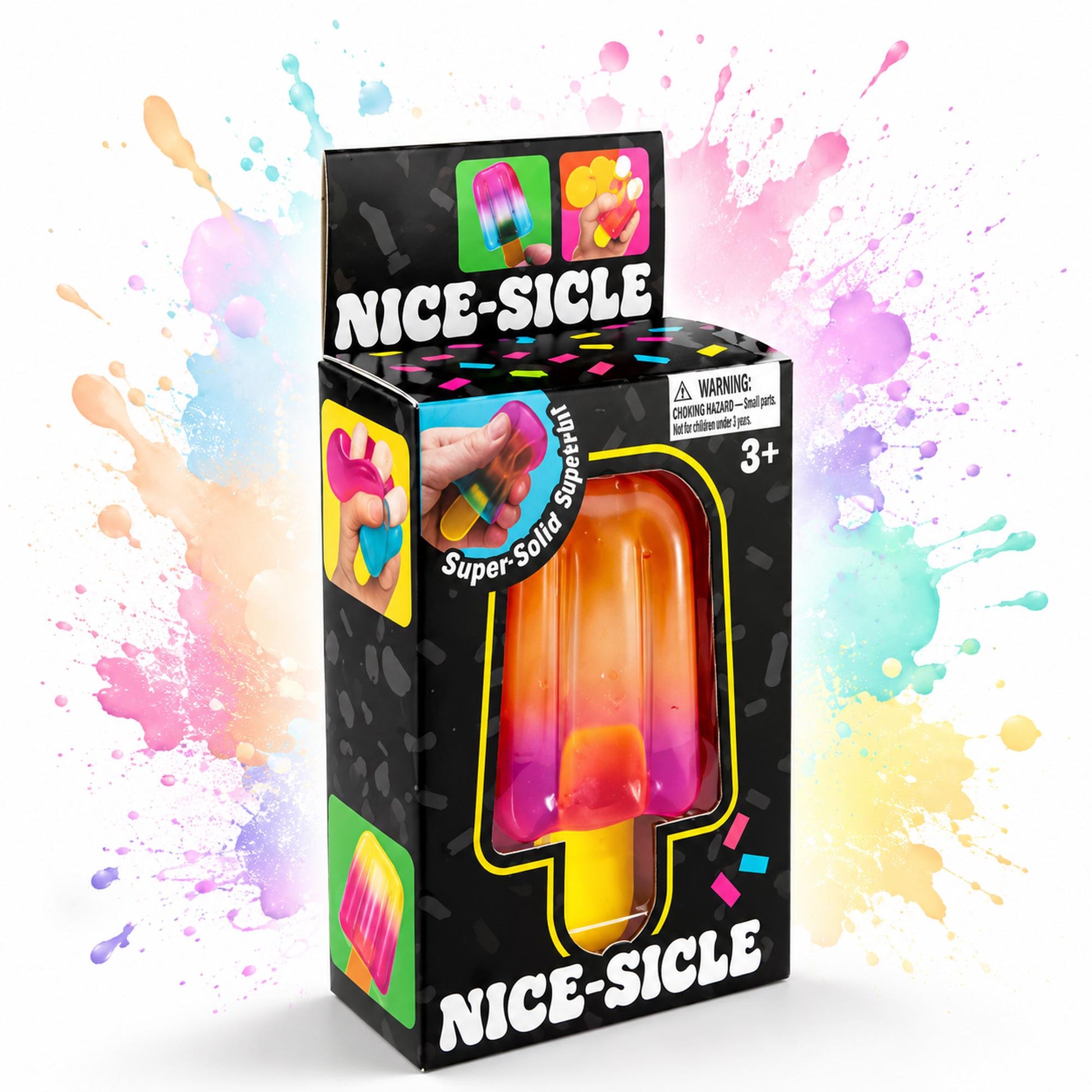 May include: A black rectangular box labeled NICE-SICLE containing a popsicle-shaped toy. The packaging features colorful graphics of the toy, which is a translucent, multi-colored, squishy substance in shades of orange, pink, and yellow.