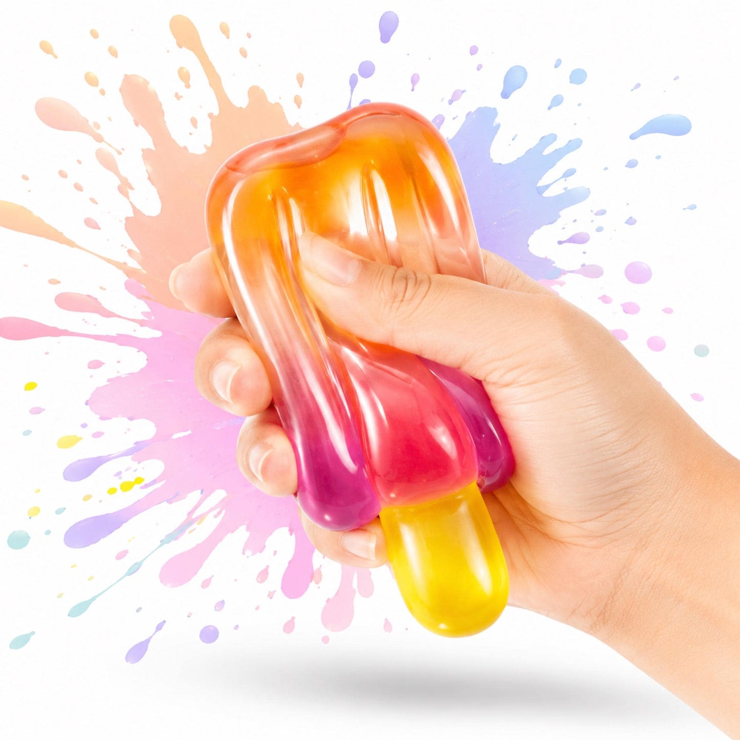May include: A translucent, squishy popsicle-shaped toy featuring a gradient of orange, pink, and purple colors. The toy has a smooth, rounded surface and a distinct yellow handle at the base, designed to be squeezed and manipulated by hand.